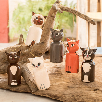 Hand-Painted Wooden Ornaments (Set of 6) - Cats' Holiday